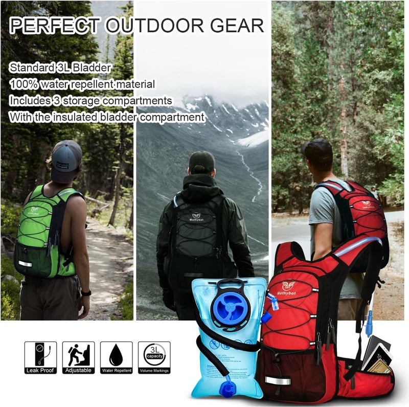 Mothybot Insulated Hydration Backpack Pack with 3L BPA Free Leak Proof Water Bladder, Large Storage Lightweight Hiking Daypack with Waist Pouches & Cooler Layer, for Running, Biking, Camping, Festival - Image 3